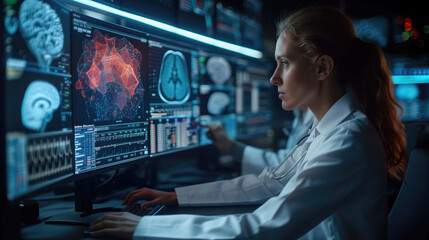 Doctors digitally diagnose patients on advanced technology equipment Digital healthcare and global health medical technology connectivity
