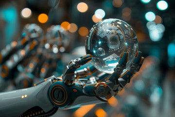 A robotic arm and fingers holding crystal world, artificial intelligence development revolution by generative AI.