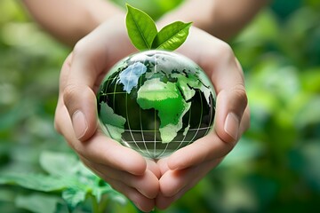 With gentle touch, hands support a translucent green globe adorned with a leaf, symbolizing the reverence and preservation of our planet's environment.