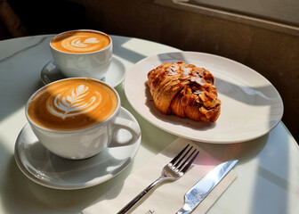 Two cups of hot latte art coffee with a croissant.