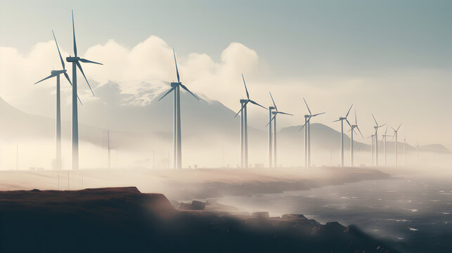 wind turbines in the sunset,,
Offshore wind turbines with sunset stormy sky in background. 3d rendering.

