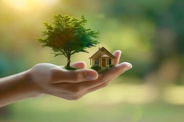 Tenderly cradling a small house and a tree, a hand showcases the equilibrium between human habitation and ecological responsibility.