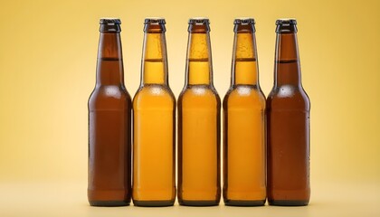 Group of Three bottles of beer isolated on yellow background, Close up