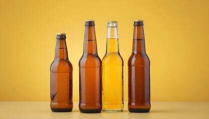 Group of Three bottles of beer isolated on yellow background, Close up