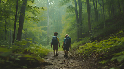 Kids exploring lush forest on a nature hike, discovering the beauty of the outdoors and a serene clearing