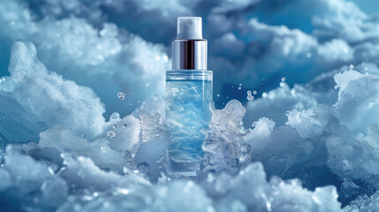 Serum or cosmetics with a simple, elegant design White and blue tones There are ice crystals and snow mountains. and the sky is clear It is a backdrop for product presentations.