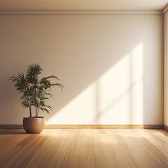 Fototapeta na wymiar Modern interior mockup template. Light empty space with white wall, wooden floor and green potted plant. Sun rays entering into empty room from the window