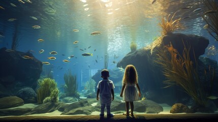 Two children looking at a large fish tank at aquarium