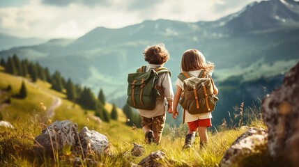 Two children hiking camping adventure - obrazy, fototapety, plakaty
