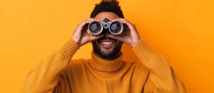Exploring adventurer bearded man looking through binoculars in the wilderness