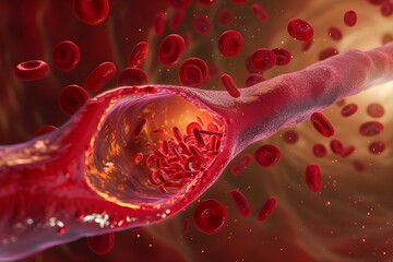 Fototapeta premium A high-definition 3D rendering of red blood cells traveling through a vein, depicting the dynamics of human blood circulation.