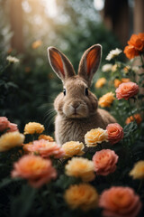 A grey hare sits among the roses