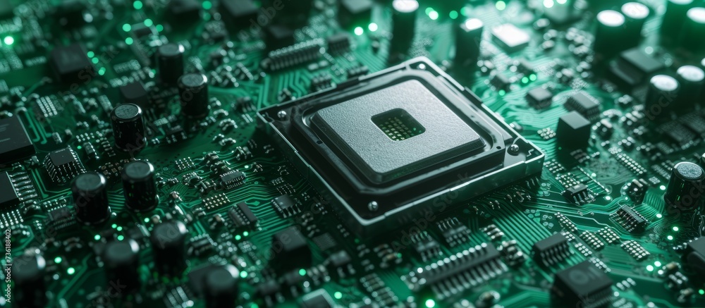 Poster close-up of cpu chip placed on top of a vibrant green circuit board for technology background