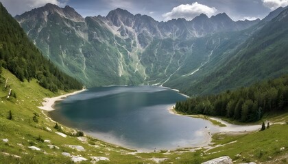 Naklejka na ściany i meble Landscape of mountain lake Morskie Oko near Zakopane, Tatra Mountains, Poland