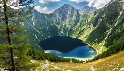Landscape of mountain lake Morskie Oko near Zakopane, Tatra Mountains, Poland - obrazy, fototapety, plakaty