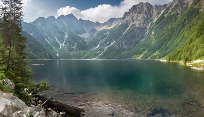 Landscape of mountain lake Morskie Oko near Zakopane, Tatra Mountains, Poland - obrazy, fototapety, plakaty