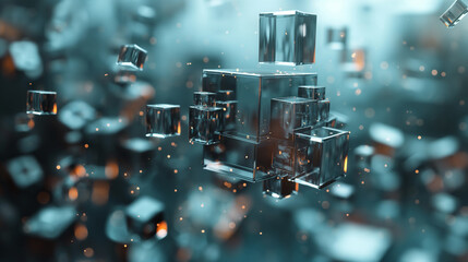 Abstract 3d rendering of a flying robot cubes, Sci-fi shape in space. Futuristic background