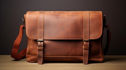 A rugged leather messenger bag for women, durable craftsmanship, and antique brass hardware, mockup, displayed on a matte clay background