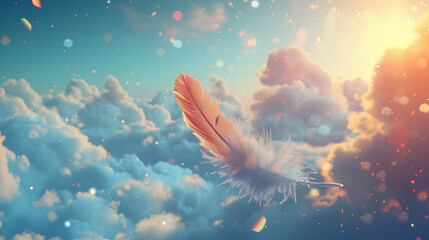 a white feather floating in the air next to a purple and pink sky with clouds and a bright sun Bird Feather On colorful background. Elegant Softness Feather Floating And Drifting On Purity Wavy Liquid - obrazy, fototapety, plakaty