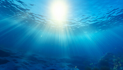 Fototapeta na wymiar Underwater scene, beautiful blue ocean background with sunlight reflections and seabed
