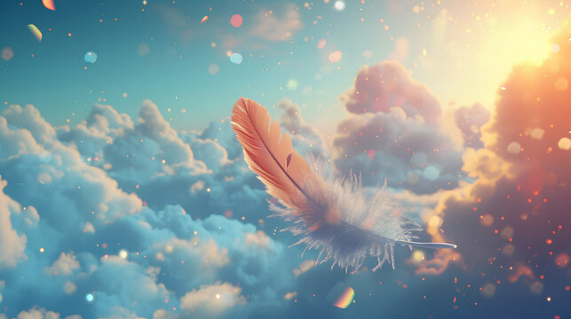 a white feather floating in the air next to a purple and pink sky with clouds and a bright sun Bird Feather On colorful background. Elegant Softness Feather Floating And Drifting On Purity Wavy Liquid