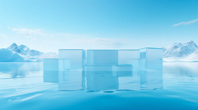 Ice cubes isolated on white and blue background for product presentation and advertising. Ice podest and platform stage.