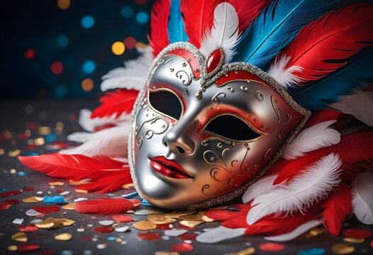 Carnival Venetian mask with red and silver colors, adorned with feathers, against a background with floating colorful confetti
