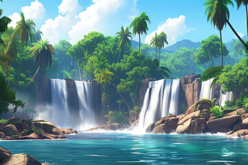 Idyllic Tropical Paradise with Lush Waterfalls - A Serene Digital Landscape