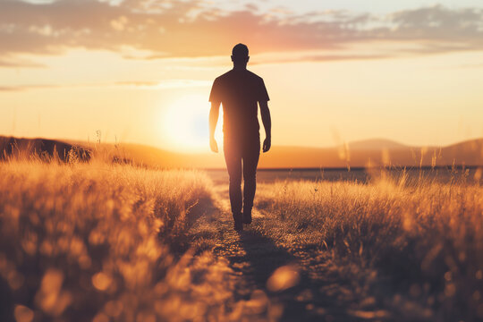 Contemplative Man Walking on a Path Through Golden Fields at Sunset