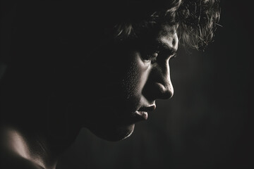 Intense Side Profile of a Young Man in Dramatic Lighting - Suitable for Themes of Drama, Contemplation, and Character Studies