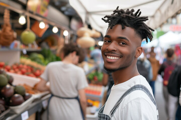 Fototapeta premium Cheerful Young Man with Trendy Dreadlocks Enjoying a Vibrant Farmers Market - Ideal for Lifestyle and Culture Themes