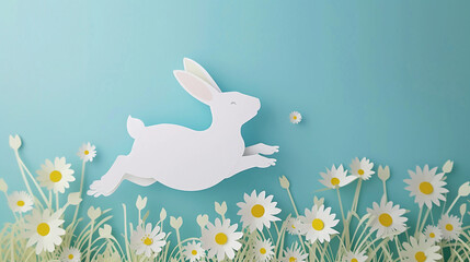 Easter card with white bunny and chamomiles on turquoise background. Cut from paper. Copy space.	
