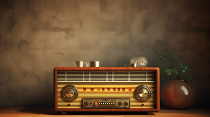 Fototapeta premium Old-fashioned radio on a wooden table against a retro wall.