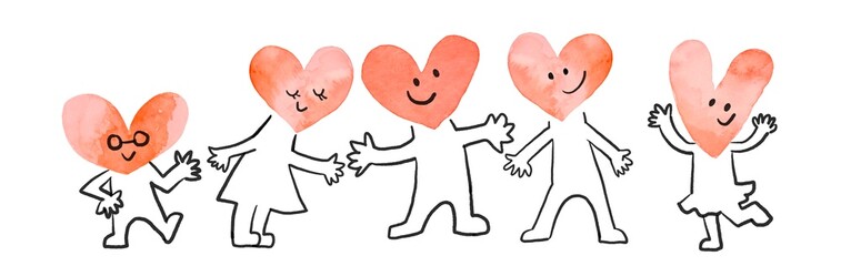 ハート型のキャラクターが楽しそうに集まるイラスト