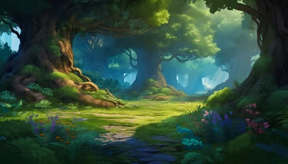 Gardinen Illustration of a beautiful fairytale enchanted forest with big trees, flowers and sun reflections. Painted background, spring banner © Franco Tognarini