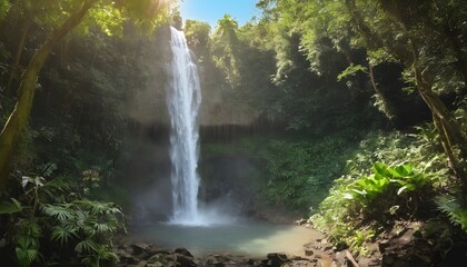 Massive waterfall in the middle of the forest filled with exotic plants during a sunny day, with copy space