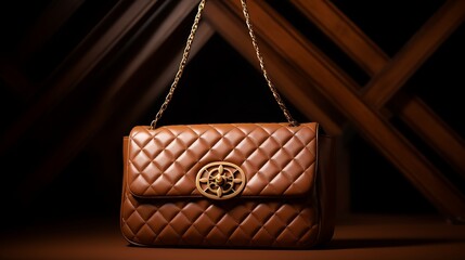 A classic quilted leather shoulder bag for women, timeless craftsmanship, and a quilted pattern, mockup, displayed on a matte clay backdrop