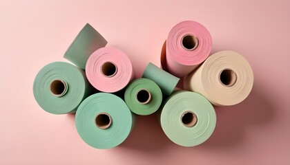 Multicolored soft pastel paper rolls in neutral tones, beige, pink, green.