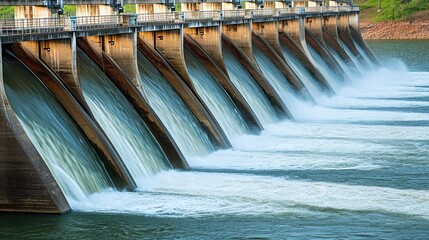 Portrait a large dam with water flowing out. Hydroelectric power plant background.