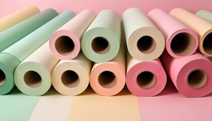 Multicolored soft pastel paper rolls in neutral tones, beige, pink, green.