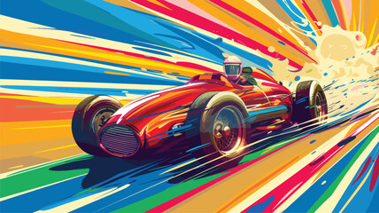 Retro race car on road and colorful background.