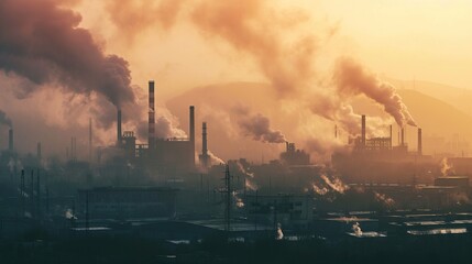 Air pollution caused by smoke from a factory in production. - obrazy, fototapety, plakaty