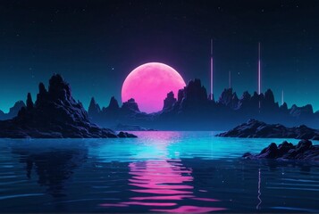 Obraz premium Futuristic night landscape with abstract landscape and island, moonlight, shine. Dark natural scene with reflection of light in the water, neon blue light. Dark neon background. 3D illustration