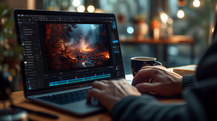 Person editing cinematic video on a laptop in a cozy workspace with a warm, ambient light setting.. - obrazy, fototapety, plakaty