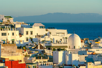 View of the Medina of Tangier featuring the Strait of Gibraltar in the background, Morocco, North...