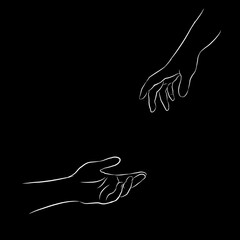 white line sketch, two hands reaching for each other on a black background