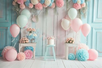 Colorful First Birthday Celebration with Cake and Balloons