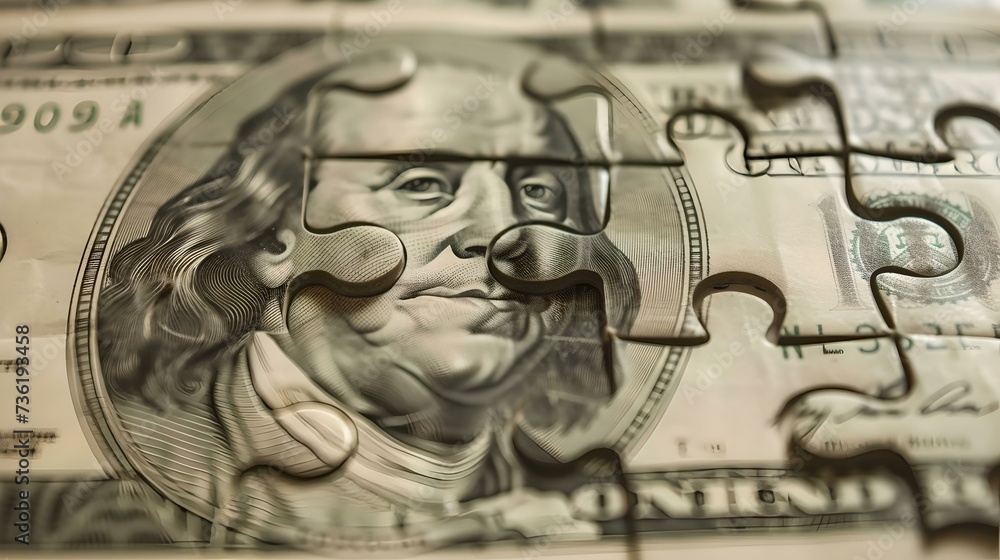 Aufkleber conceptual finance and problem-solving image. benjamin franklin on a puzzle dollar bill. creative an