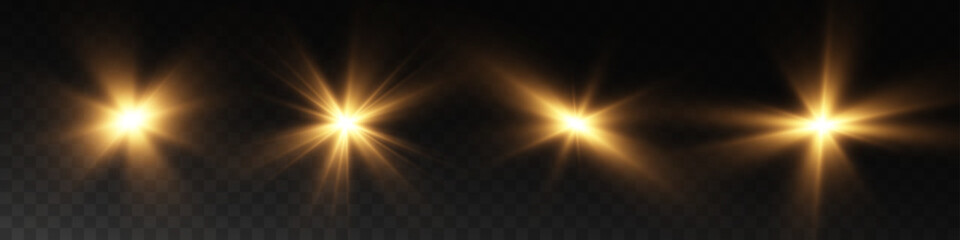 A set of bright golden glowing effects isolated on a transparent background. Sun flash with rays and spotlight. Glowing light effect. 