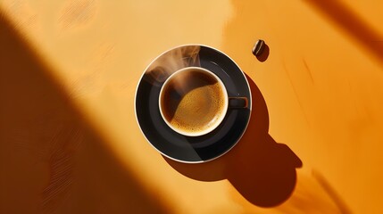 Top view of a freshly brewed espresso on a vibrant orange surface. morning coffee aesthetic with shadows. perfect for modern lifestyle themes. AI